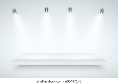 Light box with white presentation platform on light backdrop with four spotlights. Editable Background Vector illustration.