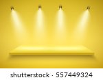 Light box with yellow platform on yellow backdrop with four spotlights. Editable Background Vector illustration.