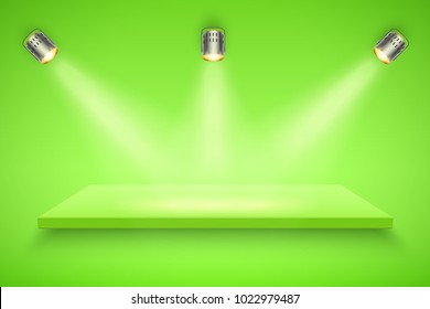 Light box with yellow platform on yellow backdrop with three spotlights. Editable Background Vector illustration.