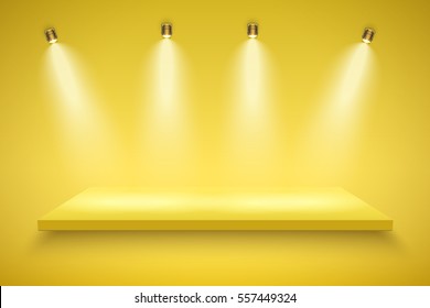 Light box with yellow platform on yellow backdrop with four spotlights. Editable Background Vector illustration.