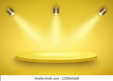 Light box with yellow presentation circle platform on light backdrop with three spotlights. Editable Background Vector illustration.