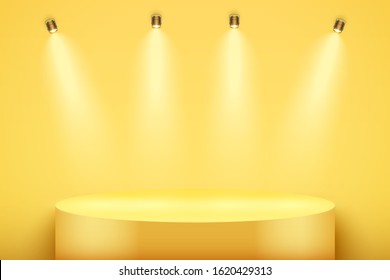 Light box with yellow presentation circle podium on light backdrop with four spotlights. Editable Background Vector illustration.