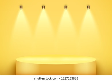 Light box with yellow presentation circle podium on light backdrop with four spotlights. Editable Background Vector illustration.