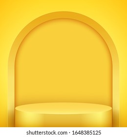 Light box with Yellow presentation circle podium with arch and one level. Editable Background Vector illustration.