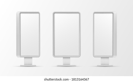 Light boxes vertical white realistic blank templates set. Billboards, rectangular screens. Placard display stands empty mock ups. Outdoor place for ads. Vector isolated collection illustration.
