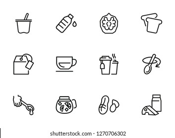 Light breakfast line icon set. Set of line icons on white background. Cup, spoon, walnut. Snack concept. Vector illustration can be used for topics like eating, drinking, healthy, diet