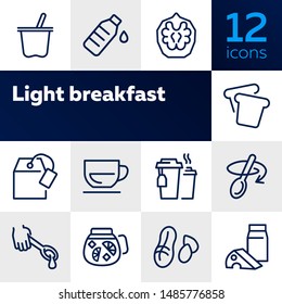 Light breakfast line icon set. Set of line icons on white background. Cup, spoon, walnut. Snack concept. Vector illustration can be used for topics like eating, drinking, healthy, diet