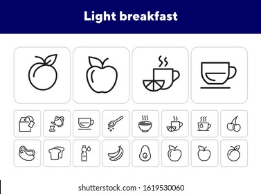 Light breakfast line icon set. Fruit, hot drink, toast, water. Food concept. Can be used for topics like tea break, healthy snack, menu