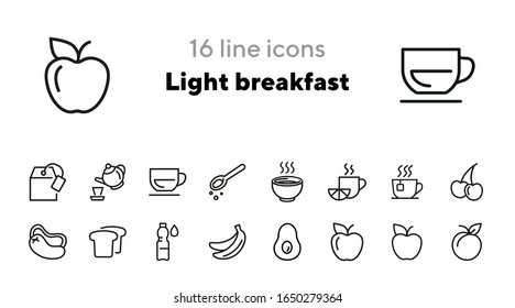 Light breakfast line icon set. Fruit, hot drink, toast, water. Food concept. Can be used for topics like tea break, healthy snack, menu