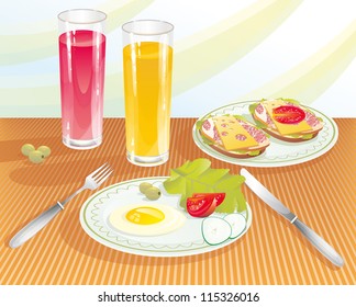 The light breakfast with orange and pomegranate juice.