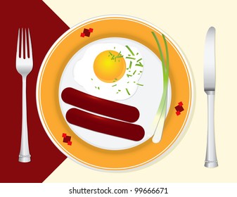 A light breakfast with scrambled eggs, sausage and green onions. Vector illustration.