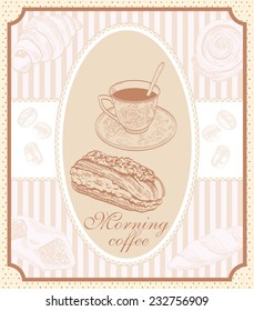 light breakfast of strong coffee and dessert. vector illustration