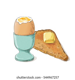 Light breakfast toast Brown bread and boiled egg. Realistic bread slice and egg with yolk. Morning meal top view vector illustration isolated on white background.