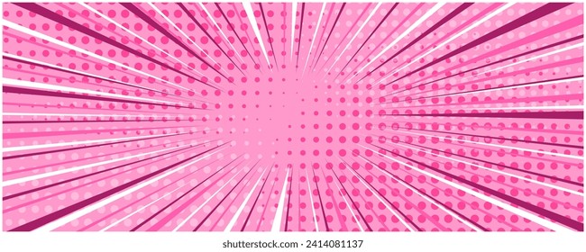 Light bright candy pink striped retro comic background with dotted halftone corners. Cartoon rose party texture with dark and light stripes and dots pattern for comics book, advertising design, poster