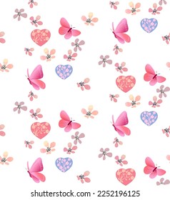 Light bright festive background with a pattern of various colored decorative hearts, cute cherry blossom birds and butterflies for the holidays of Valentine's Day, birthday, for wrapping paper design,