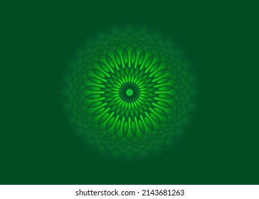Light Bright Mandala, Sacred Geometry, green flower meditative circle icon, geometric logo design, mystical religious wheel, Indian Fourth chakra concept, vector isolated on green background 