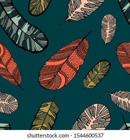 light and bright seamless abstract hand drawn pattern and background of the beautiful feather, flying concept - vector illustration