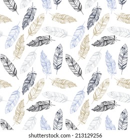 light and bright seamless abstract hand drawn pattern and background of the beautiful feather, flying concept - vector illustration