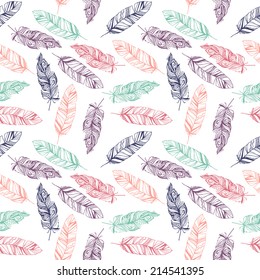 light and bright seamless abstract hand drawn pattern and background of the beautiful feather, flying concept - vector illustration