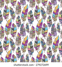 light and bright seamless abstract hand drawn pattern and background of the beautiful feather, flying concept - vector illustration