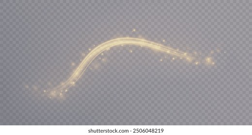 Light Bright Twirl. Curved golden lines light effect with glitter. Bright glow for game characters on transparent background PNG.