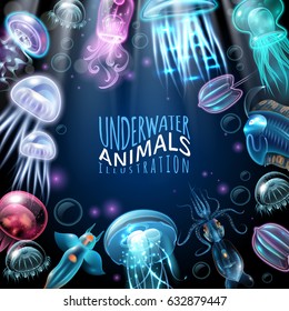 Light and bright underwater animals frame background squid jellyfish and other inhabitants vector illustration