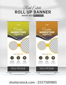 light bright yellow Elegant Corporate Roll-up Banner Template for Conferences and Business Events with Modern Layout. blue, red