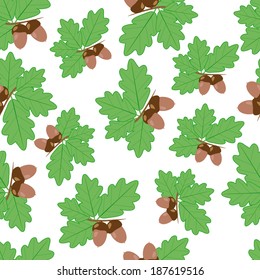 Light brown acorns with dark brown hats on a branch with bright green oak leaves on a white background. Seamless texture