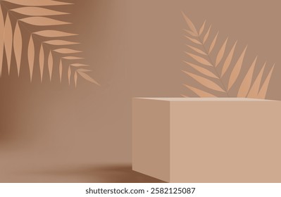 light brown background with abstract tropical leaves and pink cube. podium. modern background. vector illustration. eps 10. 