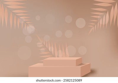 light brown background with abstract tropical leaves and pink cube. podium. modern background. vector illustration. eps 10. 