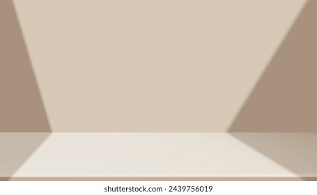 Fondo marrón claro, Habitación de pared de estudio con luz, sombra en la pantalla de podio de crema para la primavera, producto de verano presente, fondo de vector, plataforma de escena de escenario beige 3d vacía con luz solar 