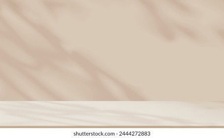 Fondo marrón claro, Habitación de pared de estudio con luz, sombra en pantalla de podio crema para primavera, Producto de verano presente, fondo de Vector vacía 3d Beige escenario soporte de escenario con luz solar 