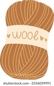 Light brown ball of natural wool yarn with a cream label showing the word wool and hearts, suggesting a cozy and handmade feel, perfect for knitting and crochet projects