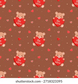 Un oso marrón claro con una cara sonriente y cerrada se ve suave y adorable. El patrón continuo presenta corazones rojos y rosados de varios tamaños dispersos por todas partes, sobre un fondo marrón oscuro. Este diseño es perfecto para temas de San Valentín, regalos, tarjetas, telas, Fondos de pantalla, o cualquier producto con el objetivo de transmitir amor.