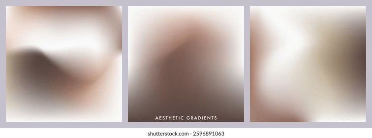 Light brown, beige and grey gradient background. Abstract pastel color texture. Blurry wave gradation pattern. Aesthetic bg. Set of 3 square vector gradient background for poster, cover, social post