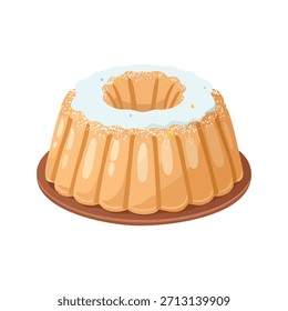 Un pastel bundt marrón claro con glaseado blanco se asienta en un plato marrón. La ilustración utiliza colores brillantes y un estilo plano sobre un fondo blanco. Esta Imagen es adecuada para temas culinarios y de postres.