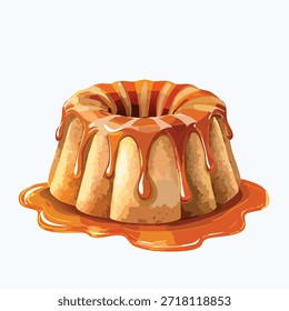 Un pastel marrón claro está cubierto con esmalte caramelo que fluye sobre un fondo blanco. La Imagen es una Ilustración vectorial con colores saturados e iluminación brillante.