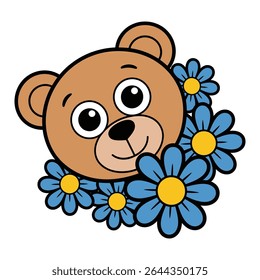 A light brown cartoon bear face with large eyes smiles surrounded by stylized blue daisies with yellow centers The style is simple and cheerful