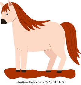 Light brown cartoon horse standing with dark brown mane and tail. Cute farm animal with simple design for children. Vector illustration