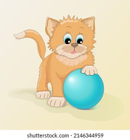 A light brown cartoon kitten with blue eyes and a blue ball on a beige background in vector. Funny orange kitten with a ball. Beige kitten. Pictures and postcards for children.