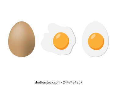 Light brown chicken eggs, Fried egg, Boiled egg isolated on white background. Vector stock Vector illustration