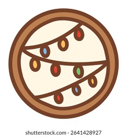 light brown christmas and new year cookie with christmas lights topping, vector illustration
