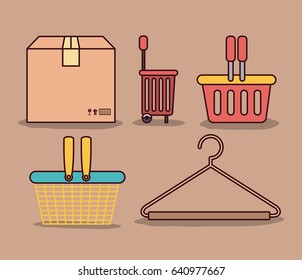 light brown color background with package and differents shopping baskets and hook closet shirt vector illustration