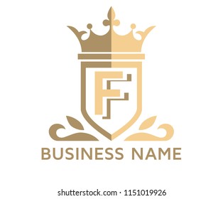 light brown color beautiful simple luxury classic vintage swirl or floral shield border logo design template with initial name of business company on it type letter f