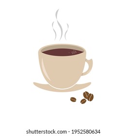 Light brown cup of coffee and coffee beans on a white background. Vector illustration. Sign, icon. For widespread use in print and web.