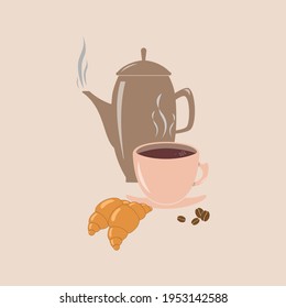 Light brown cup of coffee and coffee beans on a white background. Vector illustration. Sign, icon. For widespread use in print and web.