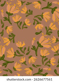 Light brown flowers with leaves patterns on brown background for branding, fabric print, wallpaper, social media post, doodle, notes, book covers, wall decor.