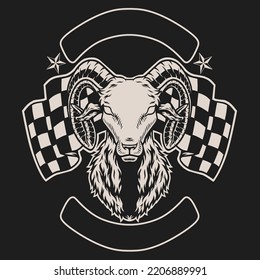 Light brown goat's head logo with additional 2 flags for racing. Vector inspiration. Design element for logo,community logo,tshirt,emblem,poster. Vector illustration.