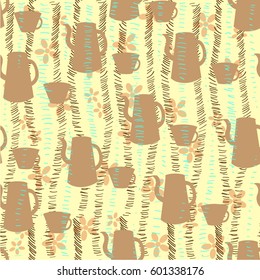 Light brown kettle and cup, seamless pattern on a  light yellow  background with small flowers and dashes, coffee, tea set  Freehand drawing vector elements.
