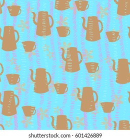 Light brown kettle and cup, seamless pattern on a blue background with small flowers and dashes, coffee, tea set Freehand drawing vector elements.